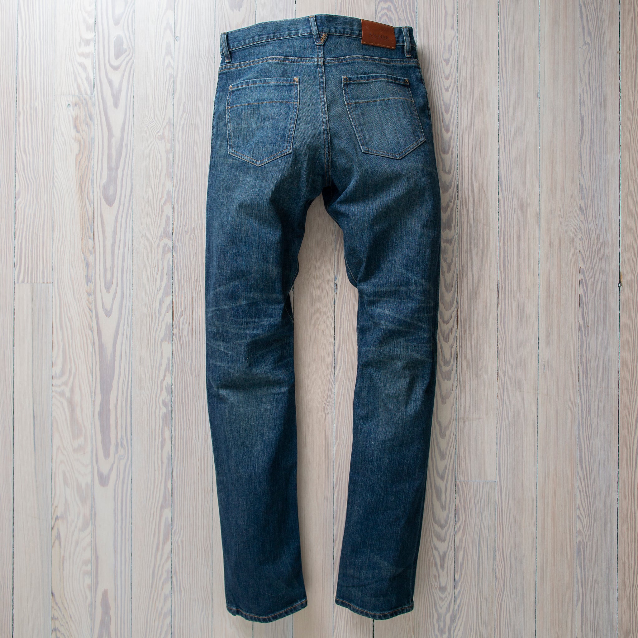 angle: 319 Wash  Raleigh Denim Workshop Alexander work fit jeans in the 319 wash, front view