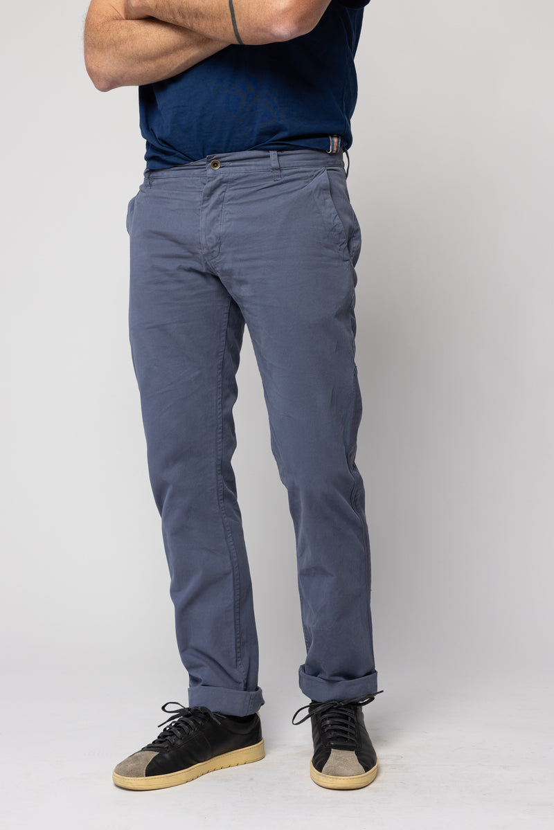 angle:  Rowan Tapered Trouser Overcast Twill  Man wears grey and blue trouser pant
