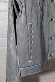 angle: Denim Jacket Railroad Stripe  Raleigh Workshop denim jacket in a black and white railroad stripe