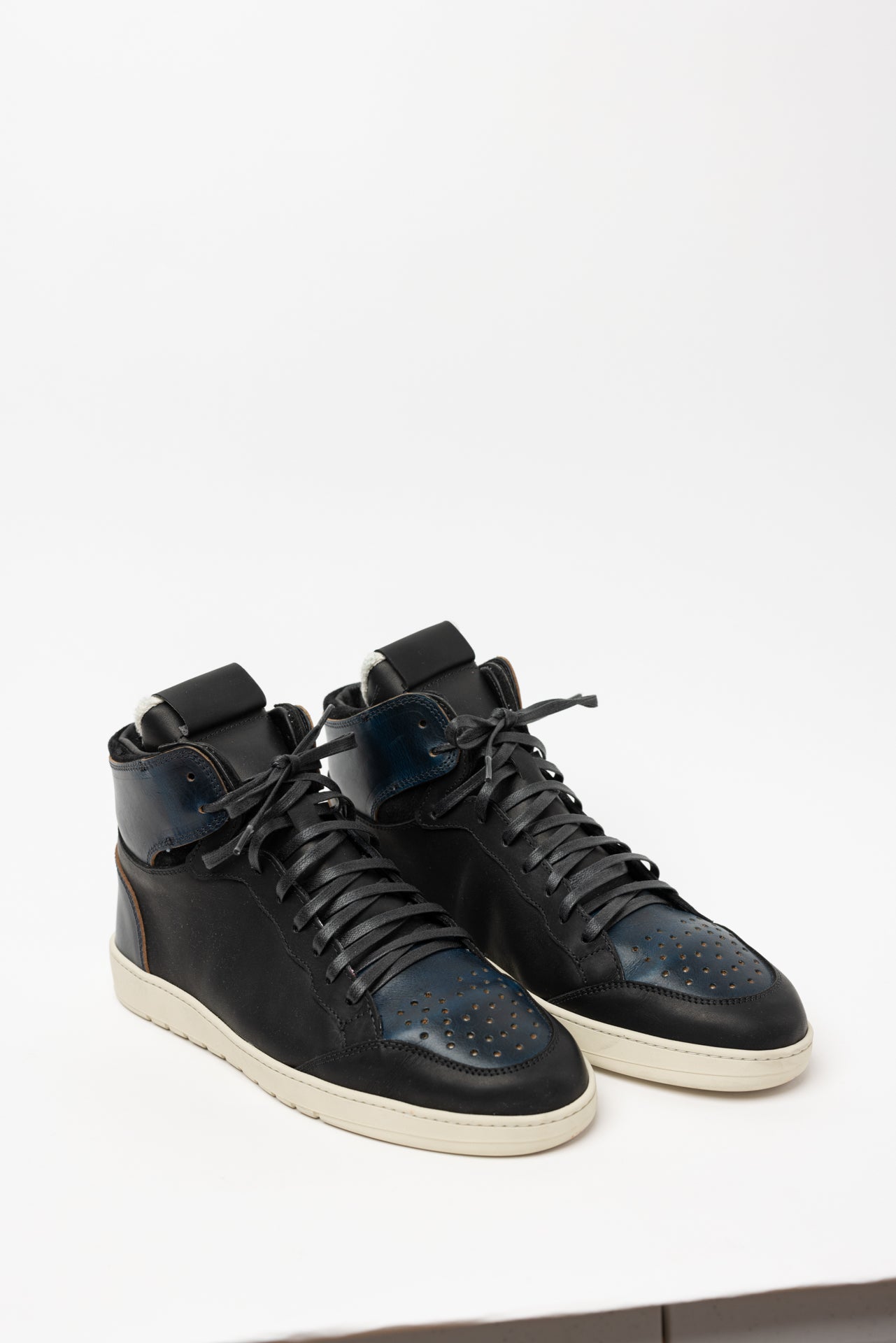 angle: Black Horween/Navy Chromexcel  black high top basketball shoes with black and blue leather