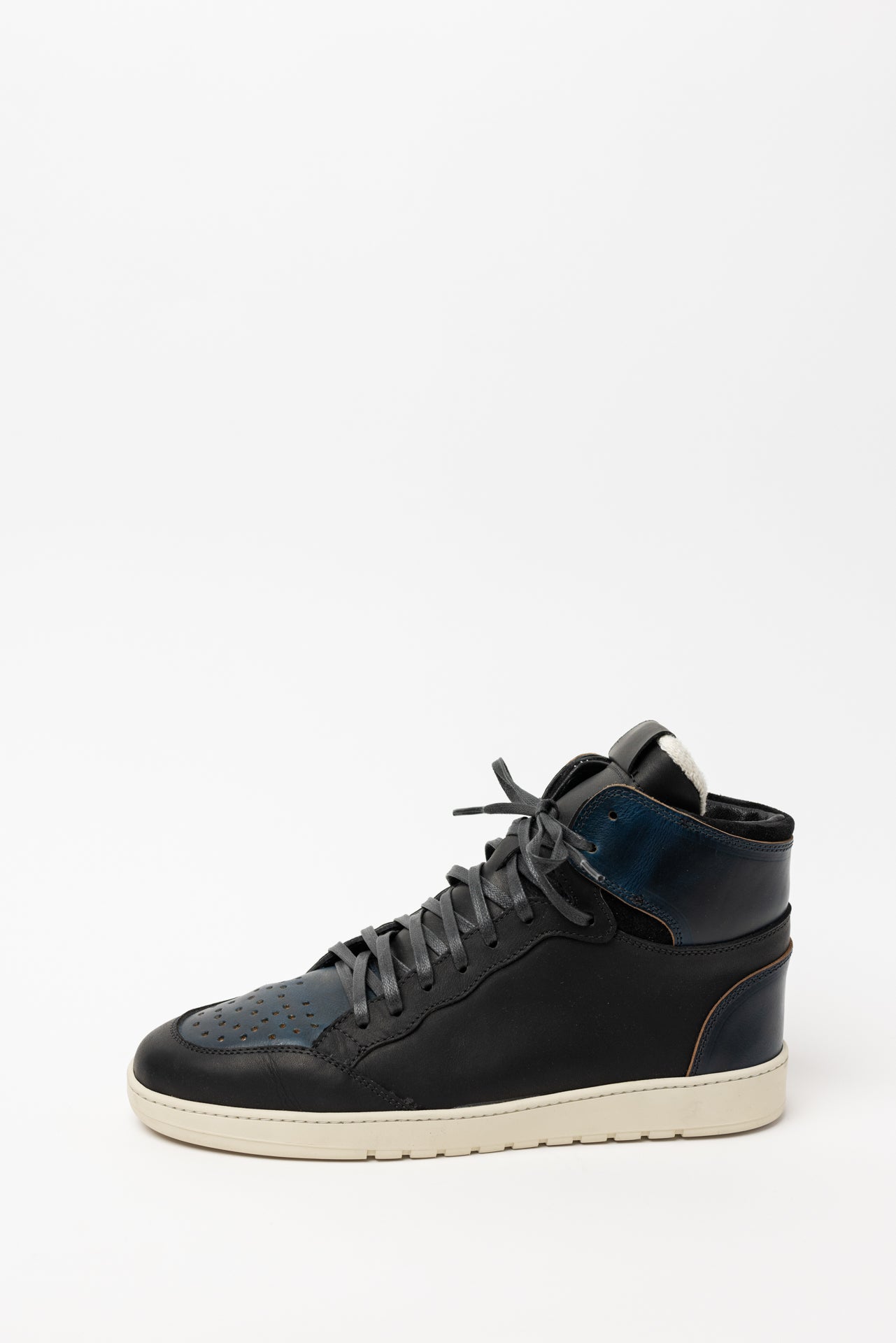 angle hover: Black Horween/Navy Chromexcel  black high top basketball shoes with black and blue leather
