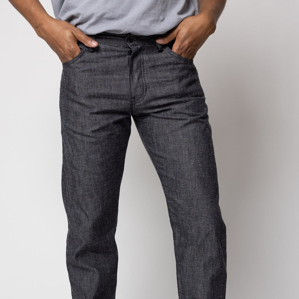 angle hover: Alexander Denim Tweed Man wears a Raleigh Workshop denim jean pant in tweed