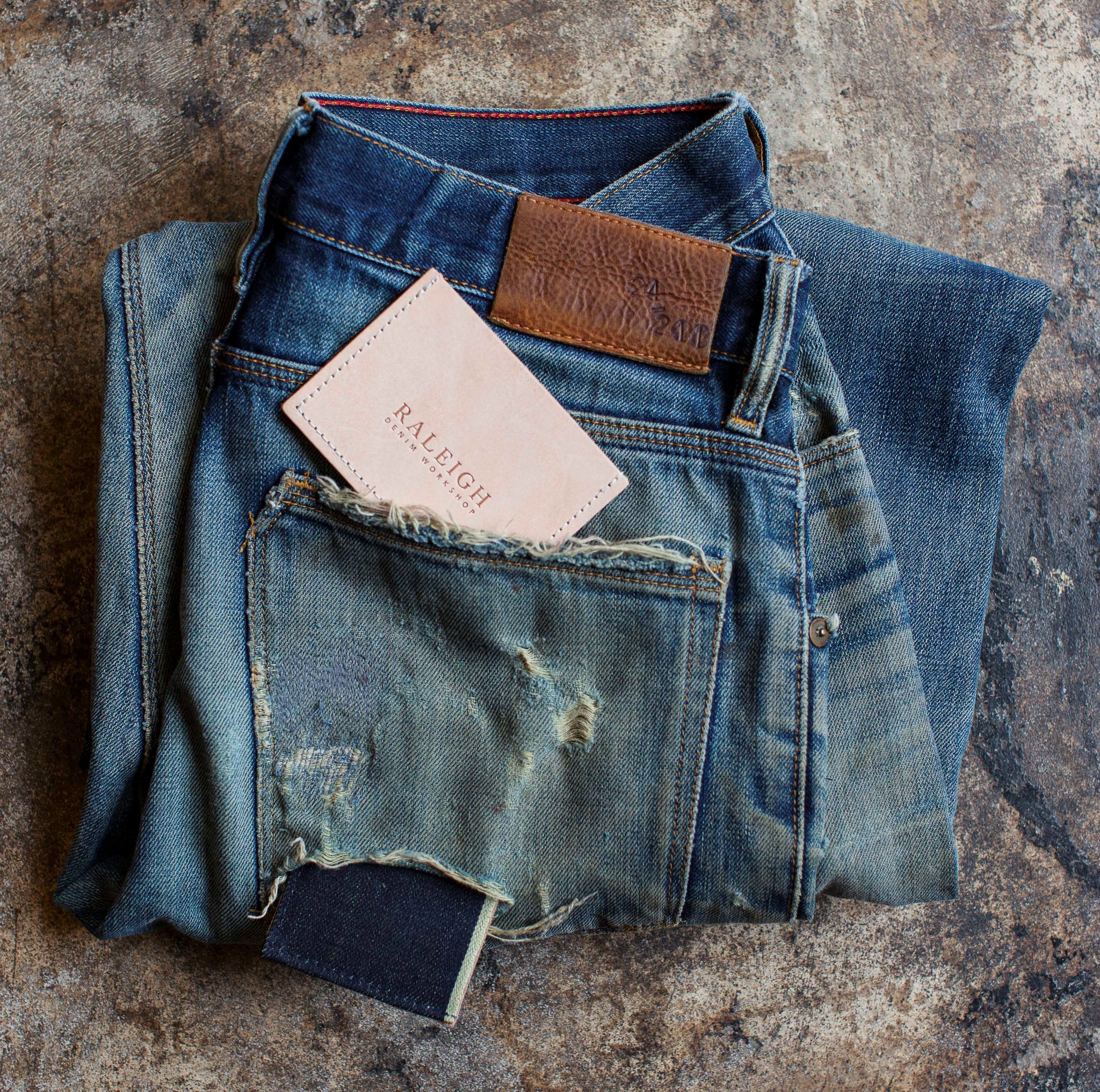 angle hover: denim + leather  Raleigh Denim Workshop denim and leather card holder wallet, made with our Original Selvage denim.